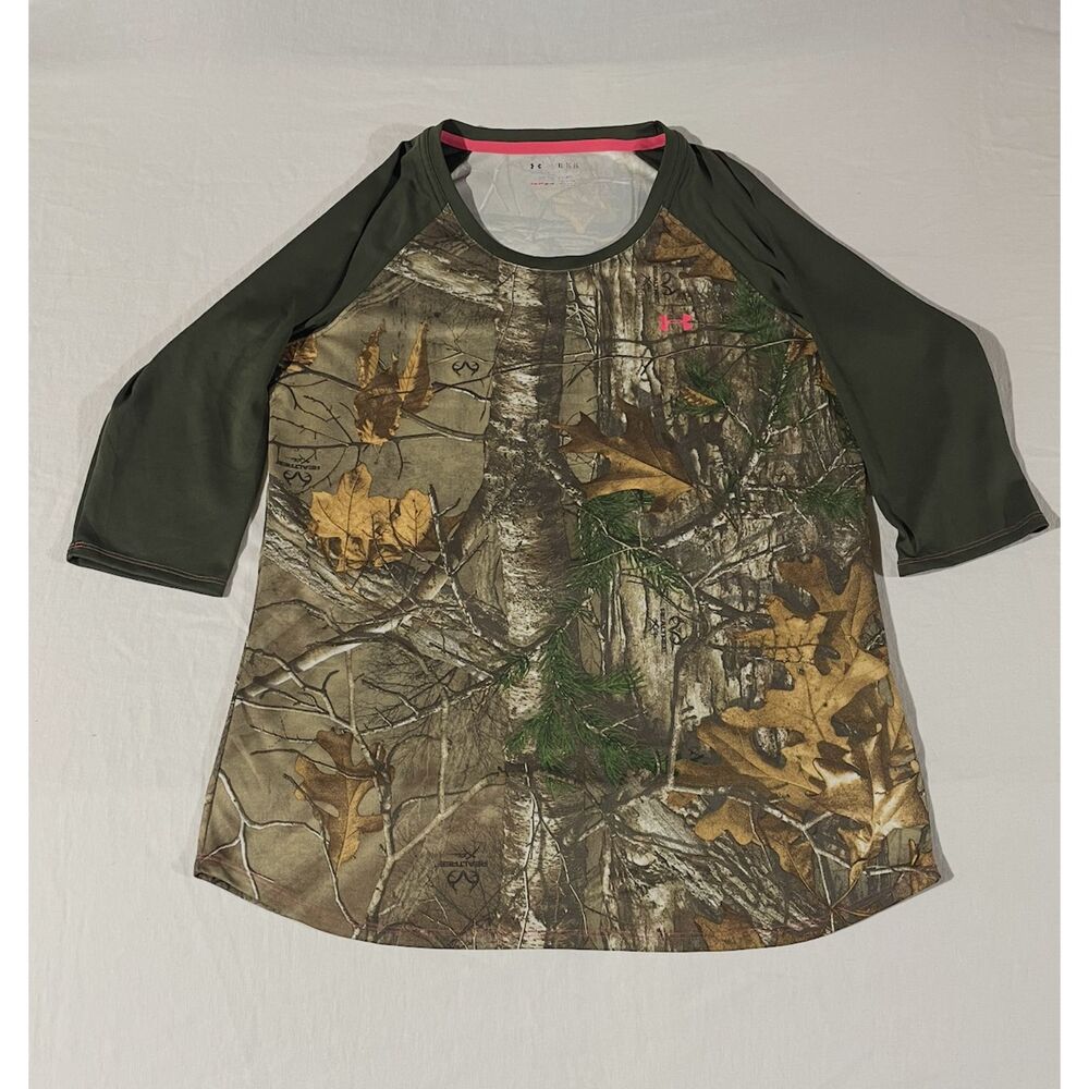 Under Armour Realtree Camo Raglan Tee Womens XL Pink Logo 3/4 Sleeve HeatGear